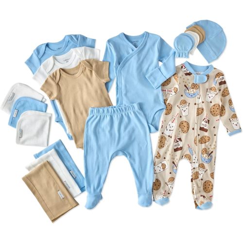 Butterblu Sweet Beginnings 19-Piece Baby Gift Set Organic Cotton Layette Clothing in Box for Boys & Girls, Milk N' Cookie Crew, 3-6 Months
