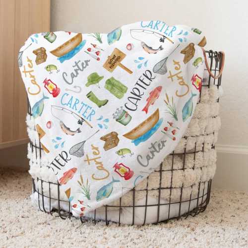 Boy&#39;s Fishing Blanket, Personalized Fish Nursery Decor, Baby Shower Gift, Lake Toddler Bedding, Fishing Baby Blanket, Cute Newborn Swaddle
