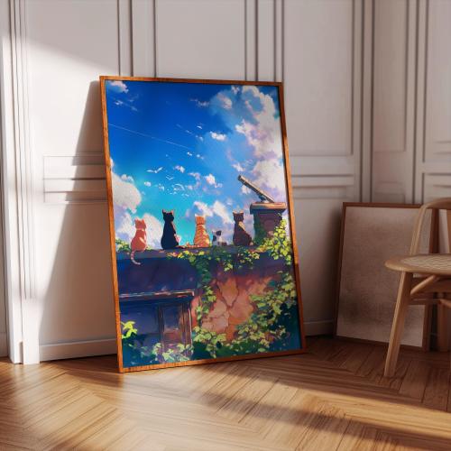 12x16 Anime Cat Sky Watching Art Print: Japanese Nursery Decor