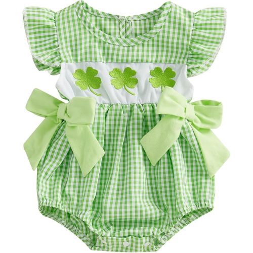 Socutebabe My First 4th of July Baby Girl Outfit Infant Plaid Bubble Romper Shamrock Embroidery Irish Day Spring Clothes