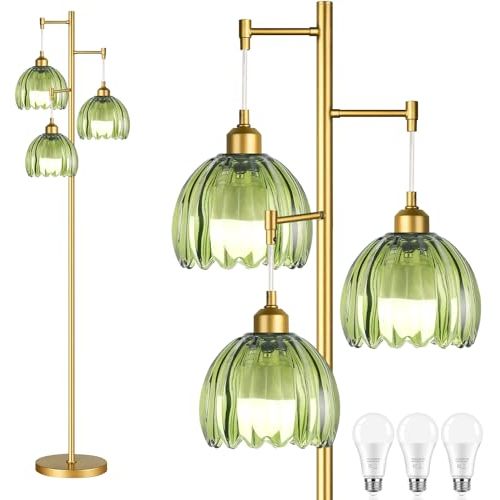 ZECOXOL Gold Floor Lamps for Living Room Bedroom-3 Light Glass Floor Lamp with Three Led Bulb, Rustic Tall Floor Lamp Gold Standing Lamp Tree Floor Lamps for Living Room Bedroom,Office,Corner