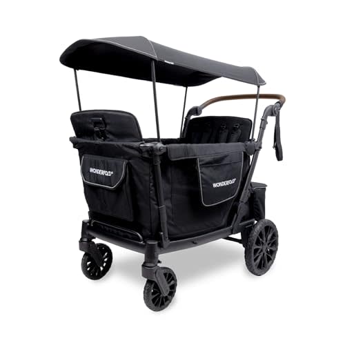 WonderFold L4 Quad Stroller Wagon (4 Seater) - Smooth Ride, Secure Harnesses, and All-Weather Canopy 4 Seat Wagon Stroller for Kids, Safety-Certified - Jet Black