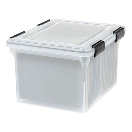 IRIS USA WeatherPro File Box Organizer, Letter/Legal, 32 Qt. Clear | Protect files and paperwork with a durable design featuring secure closure and convenient organization