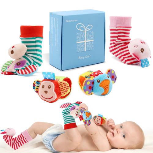 Infant Rattle Socks Toys 0 to 12 Months, Baby Wrist Rattle Foot Finder Socks Set, Birthday Holiday Present for Newborn Boy Girl 0/3/4/6/7/8/9/12/18 Months Kids Toddler, Gift Box Package