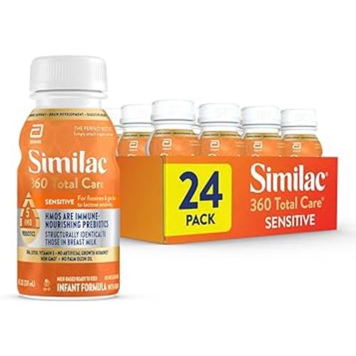 Similac 360 Total Care Sensitive Infant Formula for Fussiness & Gas Due to Lactose Sensitivity, Has 5 HMO Prebiotics, Liquid Baby Formula, Ready to Feed, 8-fl-oz Bottle, Pack of 24