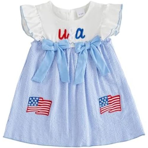Baby Girl 4th of July Outfit USA Sleeveless Dress Fly Sleeve Bow Fourth of July Dresses Little Girls Summer Clothes