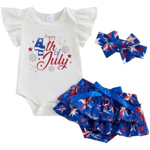 4th of July Baby Girl Outfits First Independence Day Fly Sleeve Romper Stars Shorts My 1st Fourth of July Outfit
