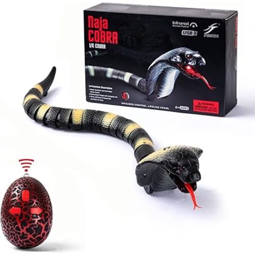 RC Snake Toy: Realistic Prank Cobra, Rechargeable, Smart Sensing, Infrared Controller for Kids/Cat (Black)
