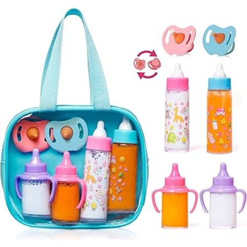 fash n kolor My Sweet Baby Disappearing Doll Feeding Set, Baby Care 6 Piece Doll Feeding Set - for Toy Stroller | 2 Milk & Juice Bottles with 2 Toy Pacifier for Baby Dolls (Blue)