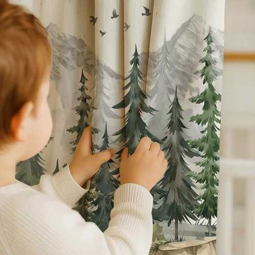 Woodland Adventure Curtains – Mountain & Pine Tree Drapes for Kids Nursery, Bedroom, or Playroom