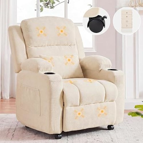 Furnimart Power Recliner Chair with Vibration Massage & Heat, Electric Overstuffed Reclining for Adults with 360 Swivel Casters, Nursery Chair for Living Room Home Theater RV, Chenille, Beige