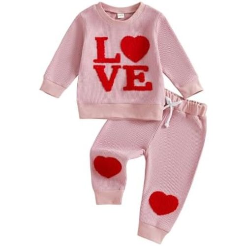 Amiblvowa Infant Toddler Baby Girl Valentines Day Outfit Heart Bowknot Print Long Sleeve Sweatshirt with Pants 2 Piece Set