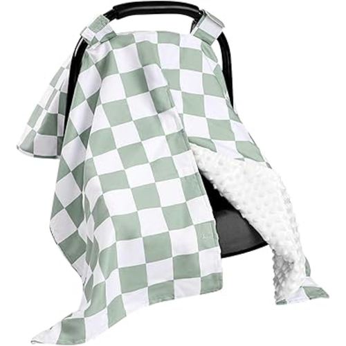 DILIMI Baby Car Seat Cover, Minky Warm Winter Car Seat Covers for Babies, Peekaboo Opening Infant Car Seat Cover, Nursing Cover Carseat Canopy, Green Checkered