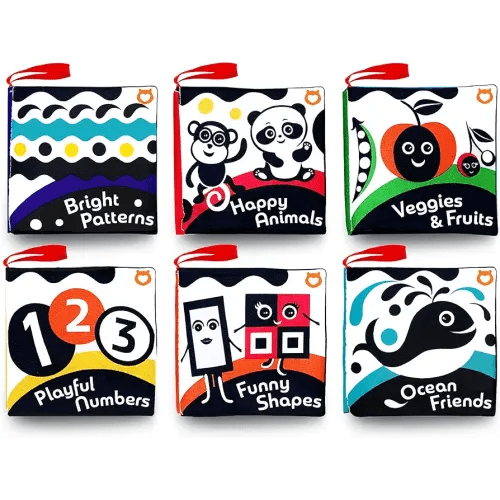 Cloth Books (Set of 6). High Contrast Soft Books. Black and White Images Encourage Infant Development – Suitable for Babies and Toddlers from 3 Months