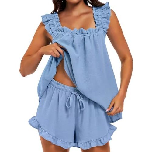 SIMIYA Pajama for Women Set 2 Piece Ruffle Pj Soft Tank Top and Shorts Bridal Pajamas Lightweight Summer Cute Sleepwear Shirt