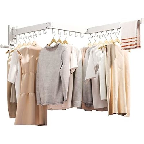 ZdwCyl Clothes Drying Rack,Laundry Drying Rack Wall Mount, Wall Mounted Clothes Rack,Retractable,Collapsible(Tri-Fold),Drying Rack Clothing,can Fold Upward & Left & Right,Space Saver, White Color
