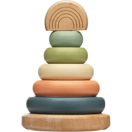 Pearhead Wooden Stacking Rainbow Toy, Baby and Toddler Ages 12+ Months Montessori Toy, for Babies, Interactive Stackable Rings Learning Toy, Baby Girl or Baby Boy Nursery Accessory