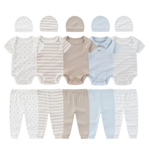 BABYSOLIS 0-12 Months Unisex Baby Pants Sets New born Bodysuit and Hats 15 Pack Boy Girl Infant Comfort Outfit Clothes