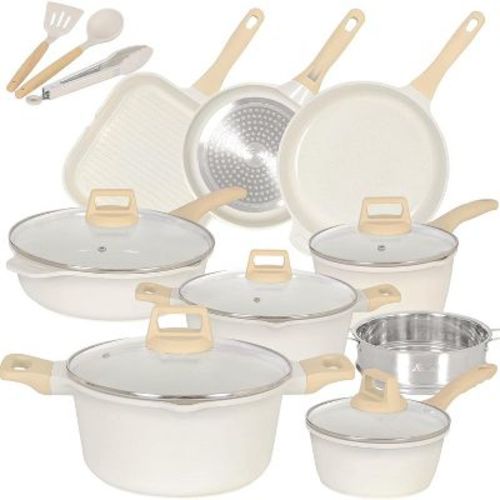 Romswi 23 Piece Kitchen Cookware Set, Non Stick Pots and Pans Set, Induction Cookware with Utensil and Pan Protectors, White