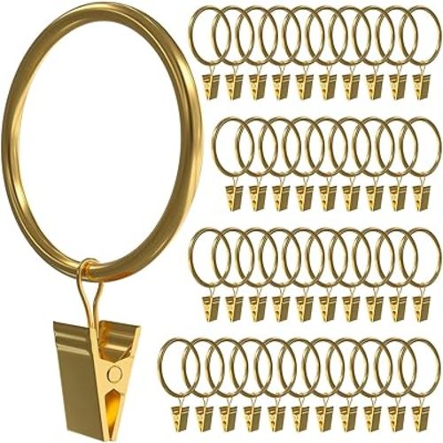 40 PCS Curtain Rings with Clips,Curtain Clip Rings Hooks,1.5 inch Diameter fits up to 1.2 inch Rod,Metal Stainless Steel Drapery Rings for Hanging Drapes Bows Hat(Gold)