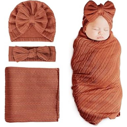DRESHOW BQUBO Newborn Receiving Blanket Toddler Warm for Girls with Bow Hat and Bow Headband Shower Gift