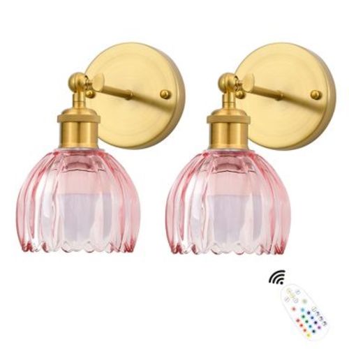 DAKAFUL Vintage Wall Sconces,with Tulip Glass Shade&Brass Frame,Remote-Controlled,RGB Dimmable Wall Lights for Bedroom/Bathroom/Home Decor (2-Pack)