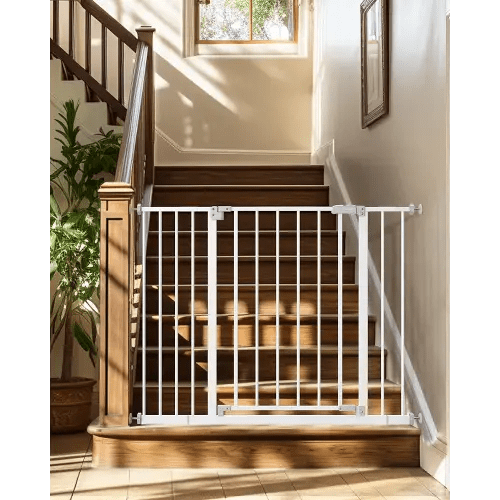 InnoTruth 28.9-42.1" Wide Baby Gate for Stairs, 30" Tall Dog Gates for Doorways Expandable One-Hand Open, Easy Walk Through Dual Lock Metal Pet Gates for Dogs, White-Family & Mom's Choice Award Winner