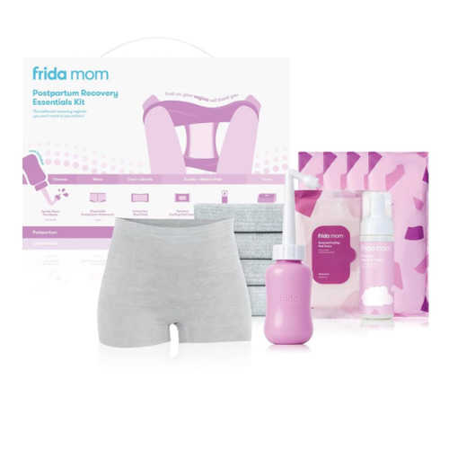 Frida Mom 11pc Postpartum Essentials Kit Gift Set, Hospital Bag Must Haves for New Mom, Includes 4 Disposable Postpartum Underwear, 4 Ice Maxi Pads, Perineal Healing Foam & 24 Pad Liners & Peri Bottle