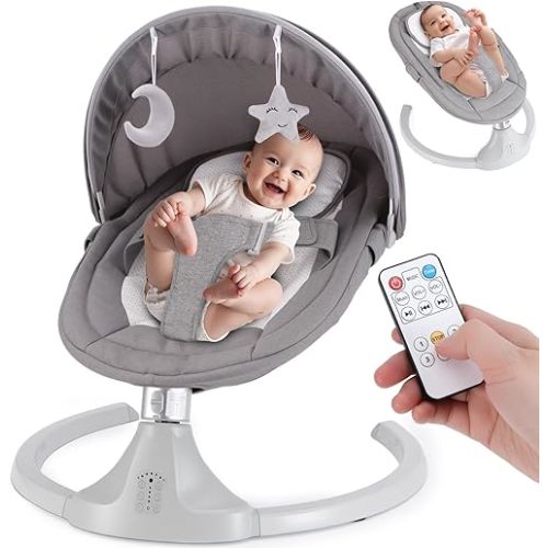 Portable Baby Swing,5 Speed Remote & Bluetooth 12 Preset Lullabies with Remote Control,3-Point Widening Harness,Infant Rocker for Breastfeeding Playtime,ASTM F2167 Certified (0-12 Months)