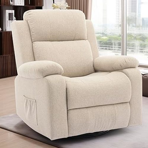Recliner Chair for Adults, 360° Swivel Rocker Reclining Chairs, Nursery Rocking Chair with Massage and Heat, Upholstered Fabric Chair with Side Pockets, Oversized Glider for Living Room, Beige