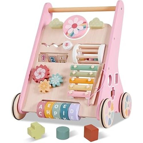 Wooden Baby Walker with Wheels, Adjustable Speed Baby Push Walker, Montessori Walking Toys for Girls Boys, Push and Pull Learning with Baby Activity Center, Christmas Birthday Gifts for Toddler