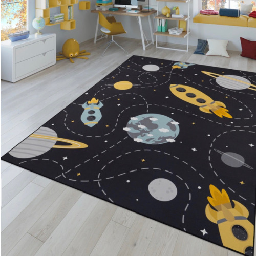Space Kids Rug Non-Slip Play Mat with Rockets and Planets