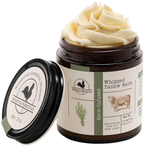 Hearth & Homestead Whipped Beef Tallow for Skin & Face - 100% Grass Fed, Eczema Cream & Body Butter - Organic Olive Oil, Calendula & Rose - Lotion & Hand Moisturizer for Dry Skin, Unscented, 2.6oz