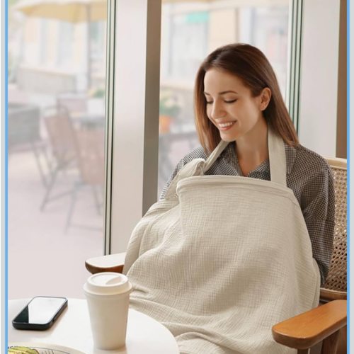 Blissful Diary Muslin Nursing Cover for Breastfeeding, Breathable Breastfeeding Cover up with Arch Neckline for Women, Nursing Apron (Cream)