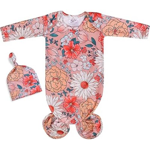 Baby Knotted Gown Newborn 0-6 Months, Super Soft Breathable Baby Sleeper Gowns, Babies Girls Nightgowns Coming Home Outfit Infant with Hat Set