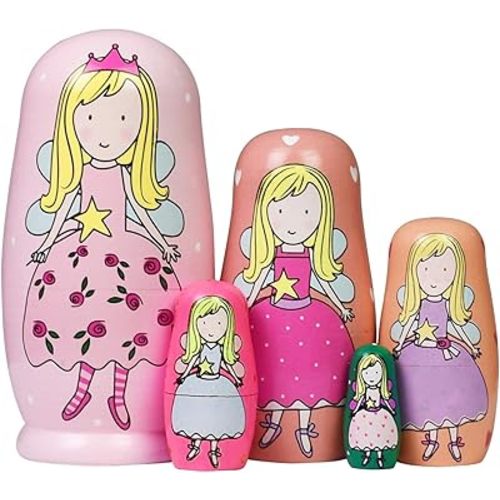 5 Pieces Cute Nesting Dolls Matryoshka Doll Russian Handmade Wooden Dolls Cartoon Angel Girl Pattern Toy Gift 6" Tall