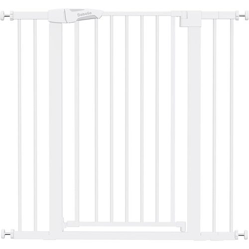 BABELIO 36" Tall Dog Gate PressGuard C5, 26-40" Wide Auto Close Baby Gate, Pressure Mounted Metal Pet Gate, Easy Install No Drilling, No Tools Needed, with Wall Protectors and Extension Kits, White
