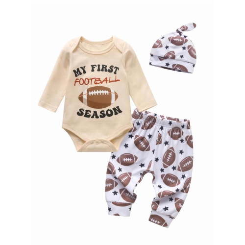 Newborn Baby Boy Clothes Letter Long Sleeve Romper Football Pattern Pants with Hat Outfits Set 3-6 Months