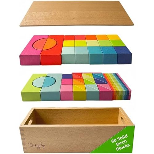Quiggly Montessori Wooden Rainbow Building Blocks Set | 68-Piece Educational STEM Toy for Toddlers | Includes Storage Box with Carry Handles | Ideal for Ages 12-48+ Months (Wooden Storage Box)