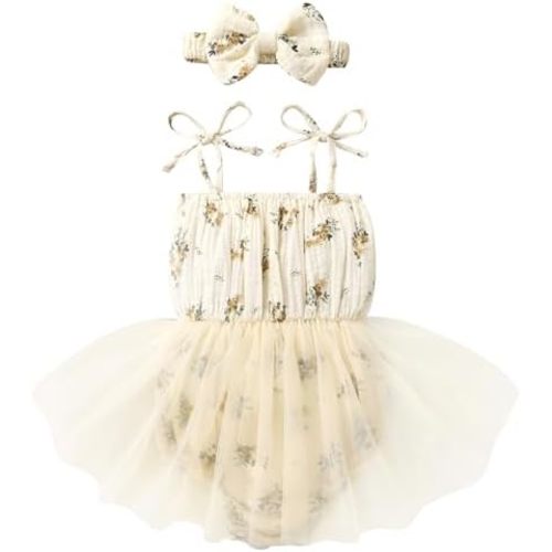 HAPPYMA Baby Girl Romper Clothes Infant Sleeveless Bodysuit Tulle Dress Toddler Summer Jumpsuit Outfits with Headband