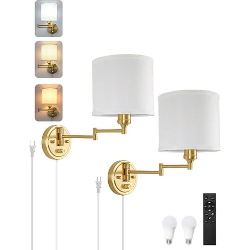 Plug in Wall Sconces with Remote Control, Dimming 10%-100% & Adjustable Colors 2700K-6500K, Hardwire or Plug-in, Swing Arm Wall Lamp with White Fabric Shade, Wall Sconces Set of Two, Gold Finish
