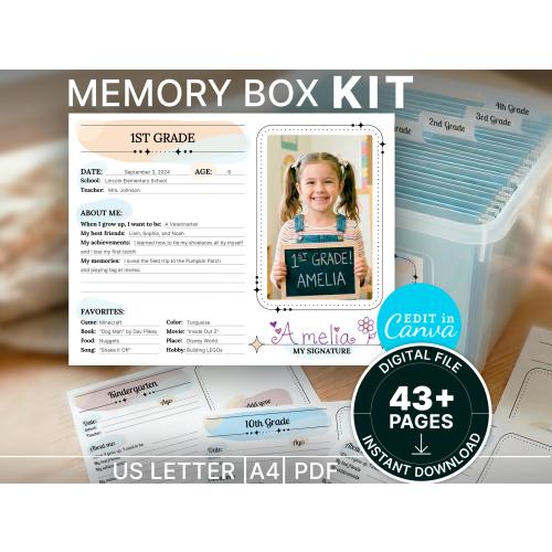 School Memory Box Printable, Milestone Tote Labels, School Keepsake Box Filing System, Yearly Questionnaire & Grade Pages,Editable Canva PDF