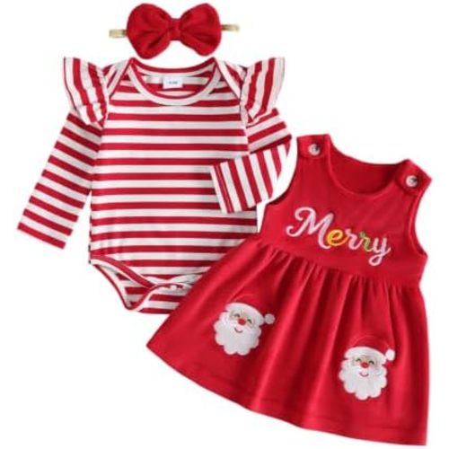 Newborn Baby Girl Romper Overall Dress and Headband Cute Christmas Outfit