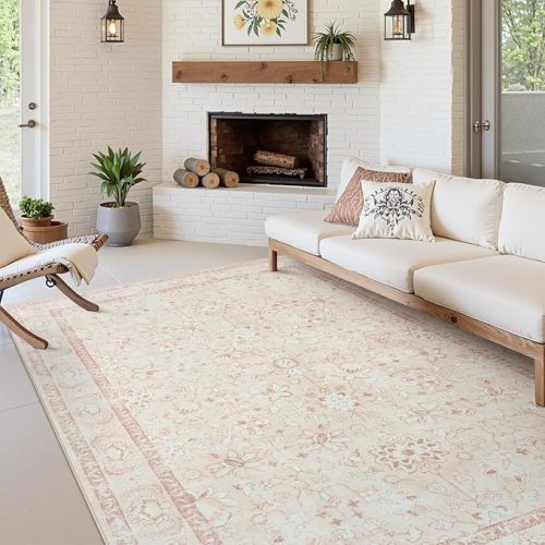 LIVEBOX Washable Rug 6x9 for Living Room, Soft Boho Pink Rugs for Bedroom, Non-Slip Vintage Floral Rug, Ultra-Thin Non-Shedding Large Carpet for Dining Room, Nursery, Home Office, Light Pink