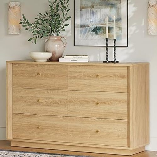 Mid Century Modern Dresser, 6 Drawer Dresser with Storage, 47" Wide Chest of Drawers with Wood Grain Texture, Drawers Organizer for Bedroom, Living Room, Hallway, Gold Oak