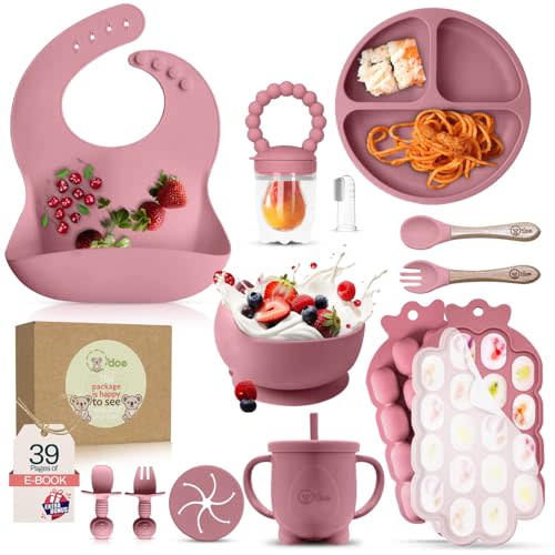 O'doe Baby Weaning Set – 15 Pcs Silicone Baby Feeding Set with Suction Plate, Bowl, Bib, Sippy Cup, Fruit Feeder, Freezer Tray