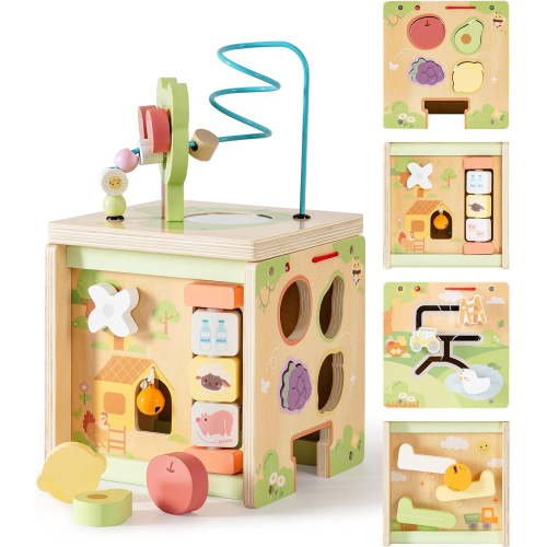 Robud Wooden Activity Cube Toy, 9-in-1 Montessori Baby Cube, Educational Features