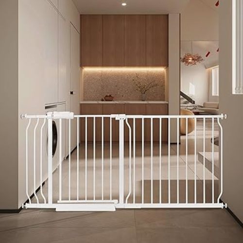 Extra Wide Baby Gate with Door Pressure Mounted 57.48-66.92 Inch,Child Baby Gates for Doorways No Drilling,Walk Through Dog Gate Indoor for The House Kitchen Stairs,White