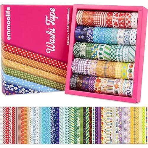 emmoolife 50 Rolls Washi Tape Set, 15mm Wide Rainbow Colored Tape Aesthetic Design Masking Decorative Tape for Scrapbooking Supplies, Bullet Journaling, Junk Journal, Wrapping Planners, DIY Arts Craft