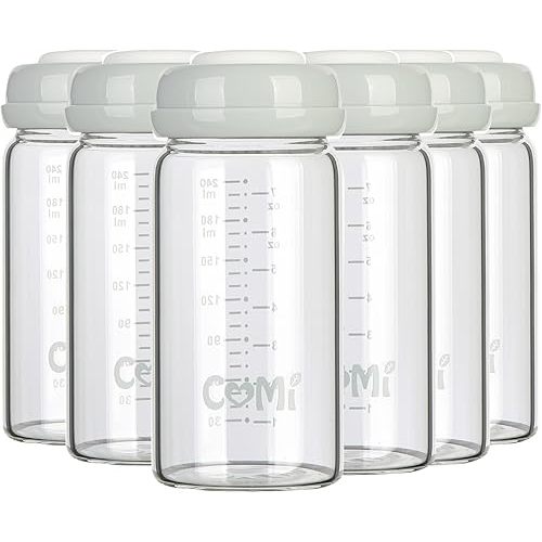 COMI Wide Neck Glass Breastmilk Collection n Storage Bottle, 8oz with Screw Ring Sealing Disk; Re-markable Sealing Disc. BPA Free, Fits Breast Pumps & Nipples (6 Gray Lids)